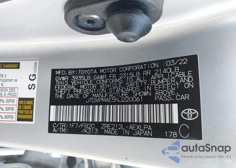 2022 Toyota Corolla Le z USA, uszkodzony, nr VIN JTDVPMAE5NJ220061